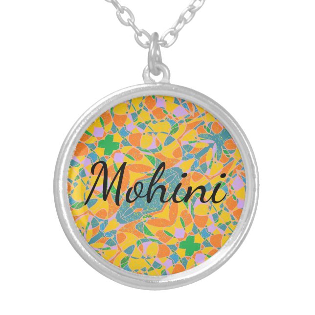 Mohini name with abstract art background golden silver plated necklace (Front)