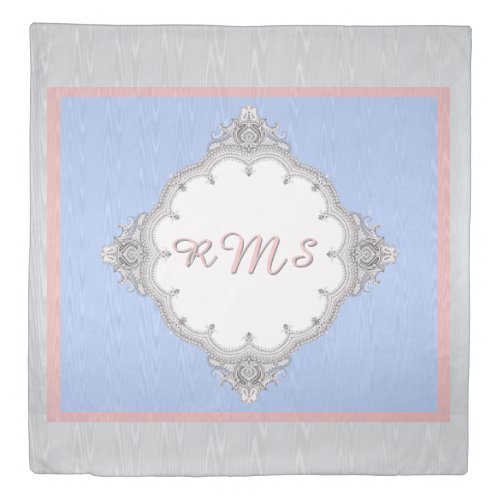 Moir and Lace _ Silver Blue Rose _ Monogrammed Duvet Cover
