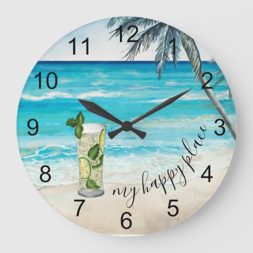 Mojito Cocktail Beach Happy Place Watercolor  Large Clock