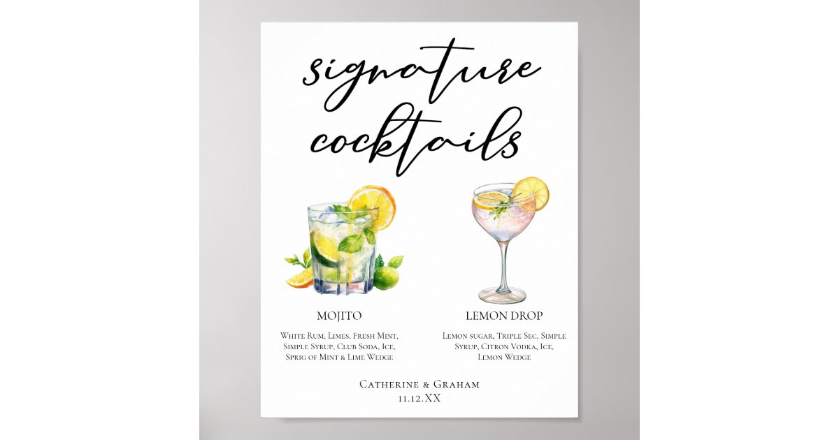 Lemon Drop Menu Mojito Lemon Drop Summer Signature Cocktails Menu Poster | Zazzle