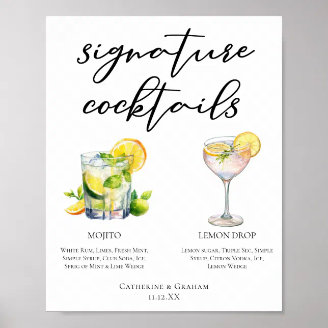 Lemon Drop Menu Mojito Lemon Drop Summer Signature Cocktails Menu Poster | Zazzle