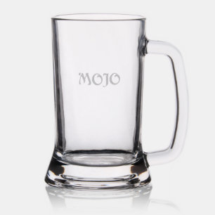 Mojo etched glass beer mug stein horizontal