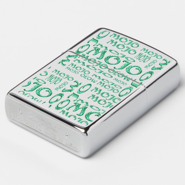 Mojo green plus clear Zippo chrome lighter (Angled)