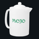 Mojo green porcelain teapot<br><div class="desc">Mojo teapots are for tea drinkers with a magic gift, certain touch, cosmic connection, or special luck. Maybe you were born with mojo? Maybe you picked it up along the way? Now you can pour a cup of Mojo whenever you wish. Mojo is Steamy Raimon original calligraphy art.</div>