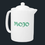 Mojo green porcelain teapot<br><div class="desc">Mojo teapots are for tea drinkers with a magic gift,  certain touch,  cosmic connection,  or special luck. Maybe you were born with mojo? Maybe you picked it up along the way? Now you can pour a cup of Mojo whenever you wish. Mojo is Steamy Raimon original calligraphy art.</div>