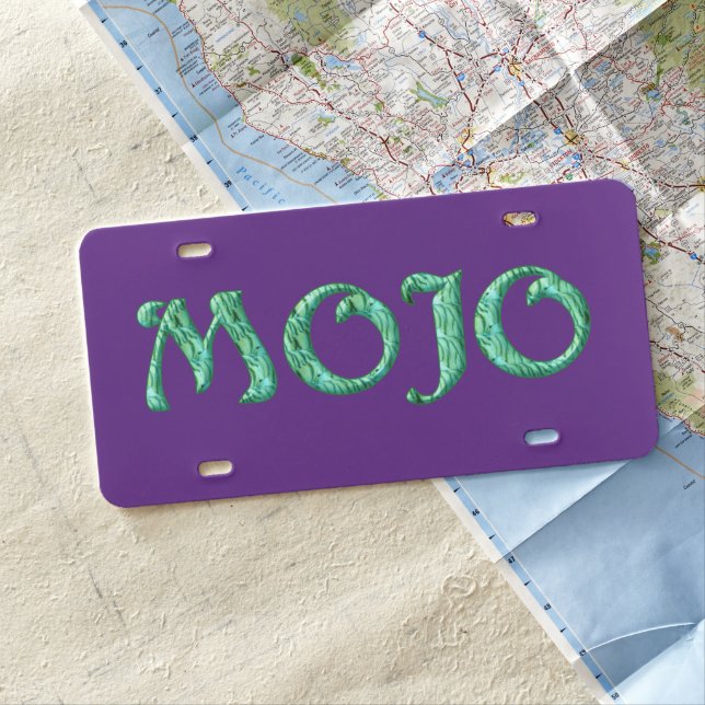 Mojo purple plastic car license plate (In Situ)