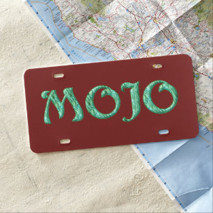 Mojo red plastic car license plate