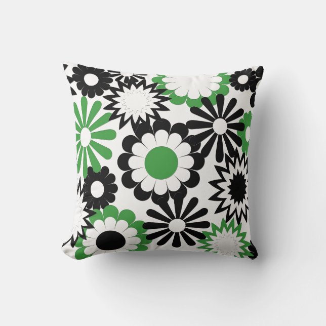 MoJo Throw Pillows, green, black & white flowers Pillow (Front)