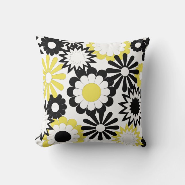 MoJo Throw Pillows, yellow, black & white flowers Pillow (Front)