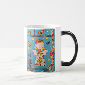 mok funny little angel in blauw met bonte bloemen color morph mug