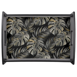 Moku Island Hawaiian Watercolor Monstera- Black Serving Tray