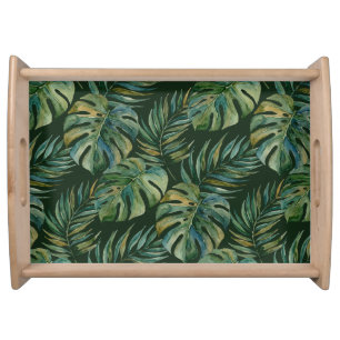 Moku Island Hawaiian Watercolor Monstera- Green Serving Tray