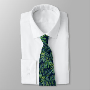 Moku Island Hawaiian Watercolor Monstera -Navy Neck Tie