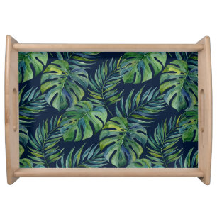 Moku Island Hawaiian Watercolor Monstera- Navy Serving Tray