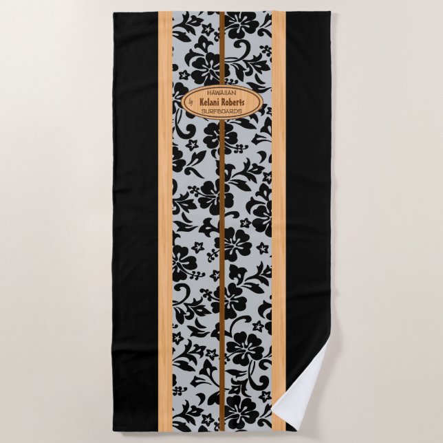 Mokuleia Hawaiian Faux Wood Monogram Surfboard Beach Towel (Front)