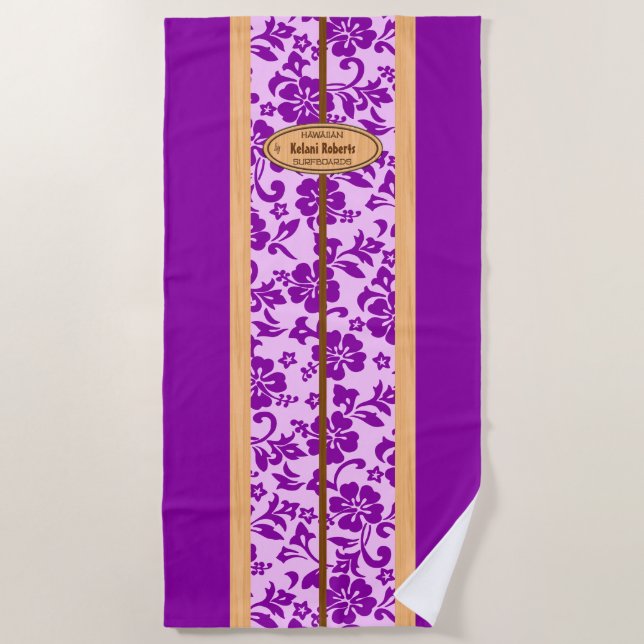 Mokuleia Hawaiian Faux Wood Monogram Surfboard Beach Towel (Front)