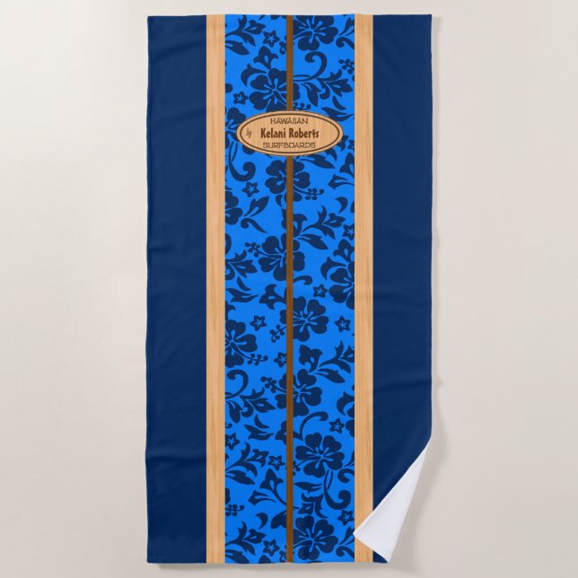 Mokuleia Hawaiian Faux Wood Monogram Surfboard Beach Towel (Front)