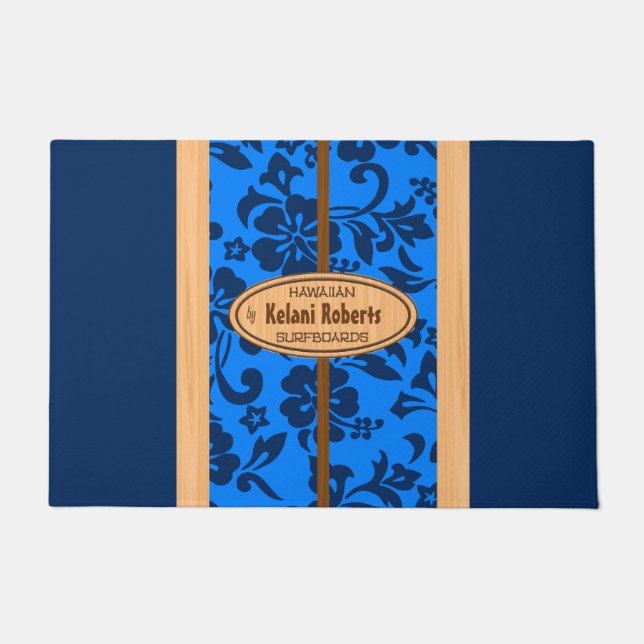 Mokuleia Hawaiian Faux Wood Monogram Surfboard Doormat (Front)