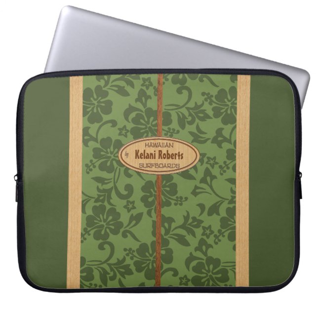 Mokuleia Hawaiian Faux Wood Monogram Surfboard Laptop Sleeve (Front)