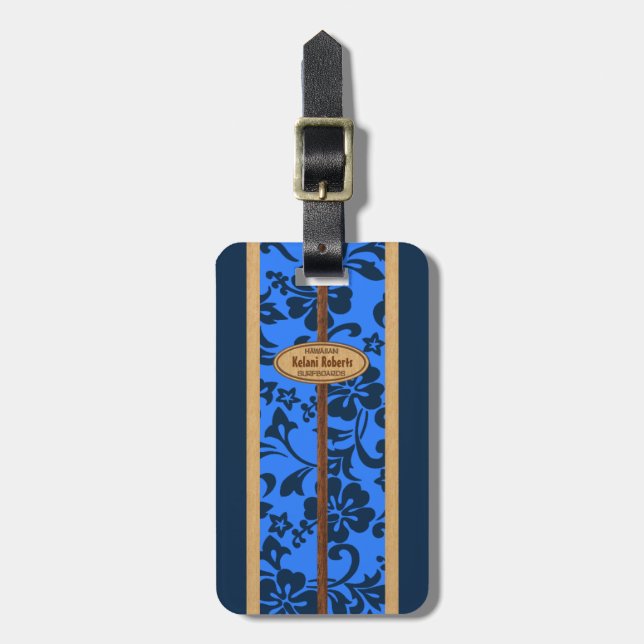 Mokuleia Hawaiian Faux Wood Monogram Surfboard Luggage Tag (Front Vertical)