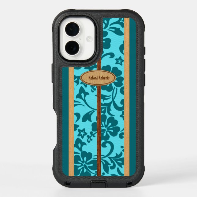 Mokuleia Hawaiian Faux Wood Monogram Surfboard Otterbox iPhone Case (Back)