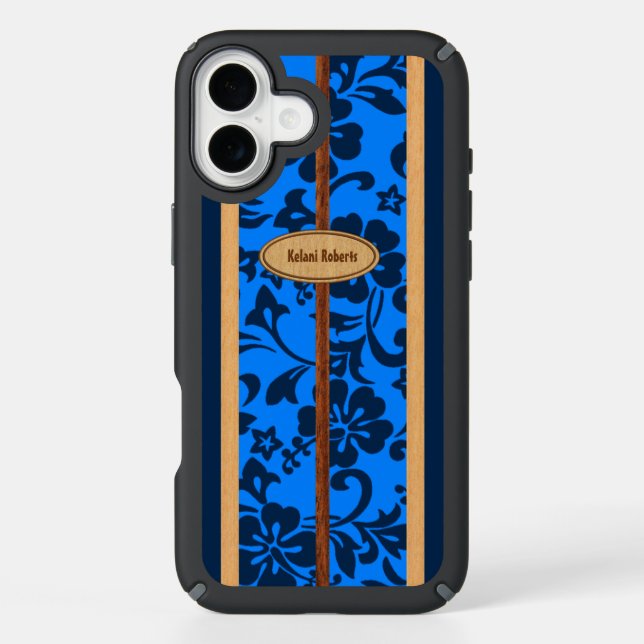Mokuleia Hawaiian Faux Wood Monogram Surfboard Speck iPhone Case (Front)