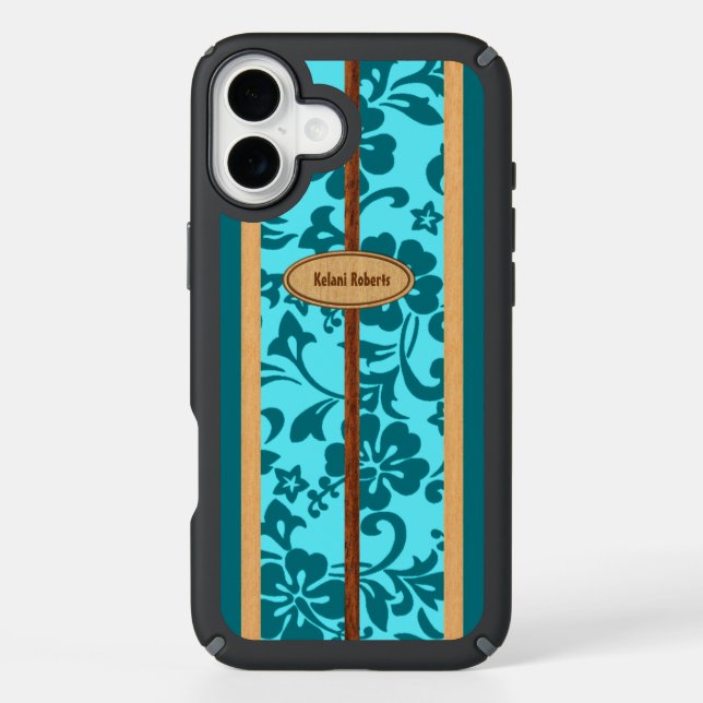 Mokuleia Hawaiian Faux Wood Monogram Surfboard Speck iPhone Case (Front)