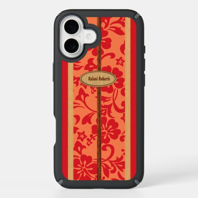 Mokuleia Hawaiian Faux Wood Monogram Surfboard Speck iPhone Case (Front)