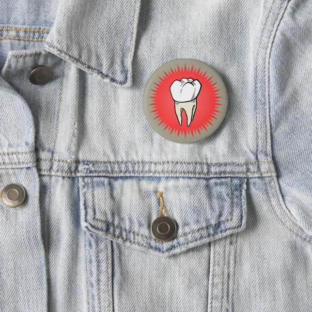 Molar freshly extracted on a red starburst pinback button (In Situ)