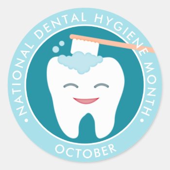 Molar Toothbrush National Dental Hygiene Month Classic Round Sticker by HolidayBug at Zazzle