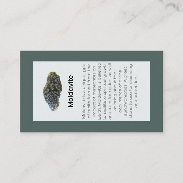 Moldavite Crystal Meaning Jewelry Display  Business Card (Front)