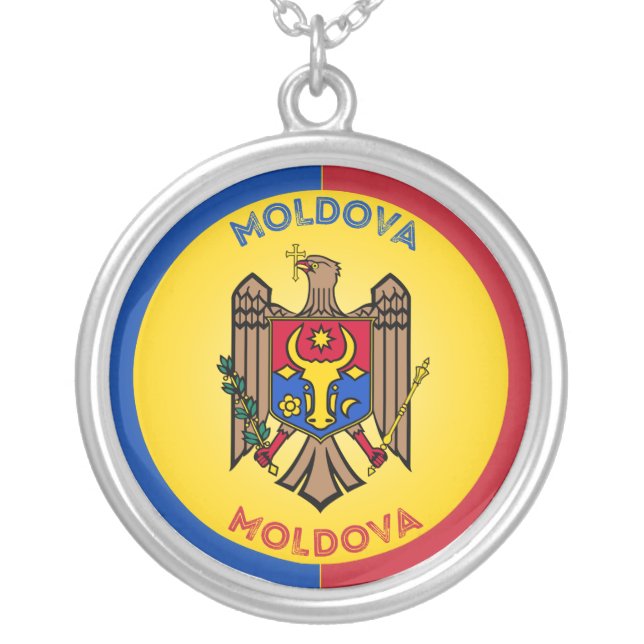 Moldova Coat of Arms Patriotic Round Shape  Silver Plated Necklace (Front)