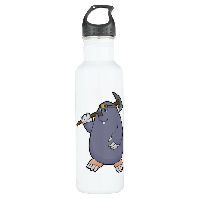 Mole as Farmer with Pickaxe & Spotlight Stainless Steel Water Bottle (Front)