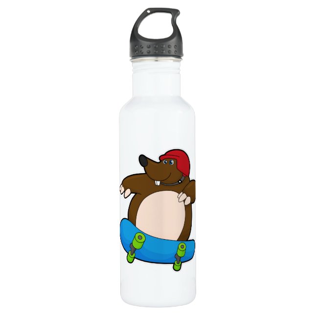 Mole as Skater with Skateboard & Helmet Stainless Steel Water Bottle (Front)