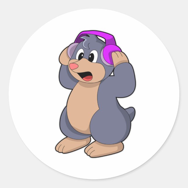 Mole at Music with Headphone Classic Round Sticker (Front)