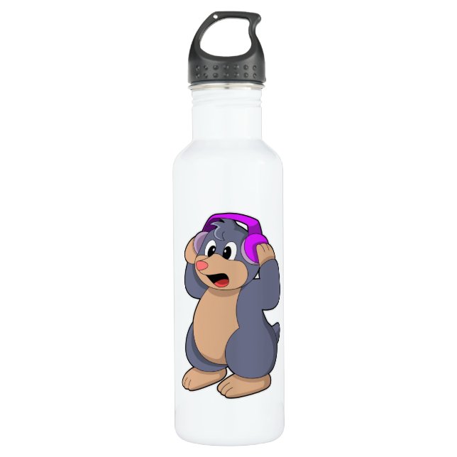 Mole at Music with Headphone Stainless Steel Water Bottle (Front)