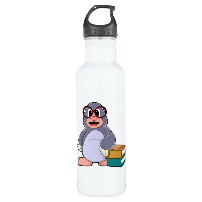 Mole with Glasses & Books Stainless Steel Water Bottle (Front)