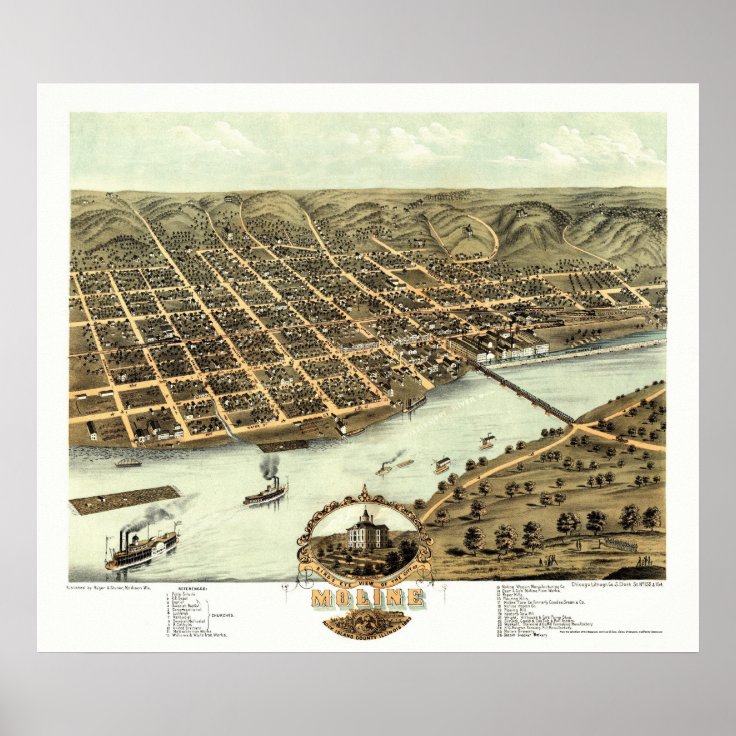 Moline, IL - Panoramic Map - 1869 Poster | Zazzle