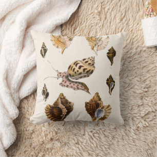 Mollusks and Snails, Vintage Marine Life Organisms Throw Pillow