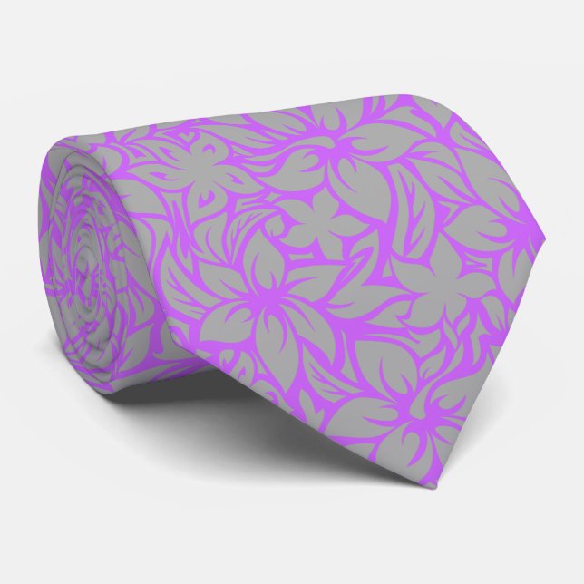 Moloaa Bay Hawaiian Hibiscus Aloha - Silver-Violet Neck Tie (Rolled)