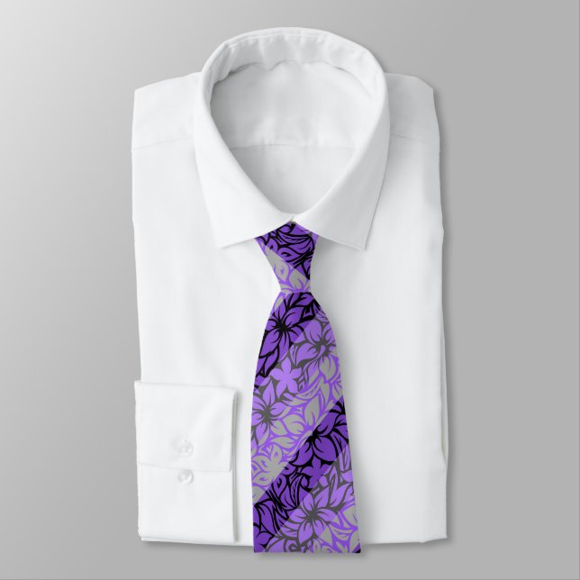 Moloaa Bay Hawaiian Hibiscus Stripe- Silver-Purple Neck Tie (Tied)