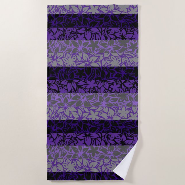 Moloaa Bay Hawaiian Hibiscus Striped - Purple Beach Towel (Front)