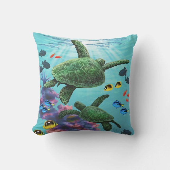Molokini Cove Hawaiian Sea Turtles Reversible Outdoor Pillow (Front)