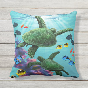 Molokini Cove Hawaiian Sea Turtles Reversible Outdoor Pillow