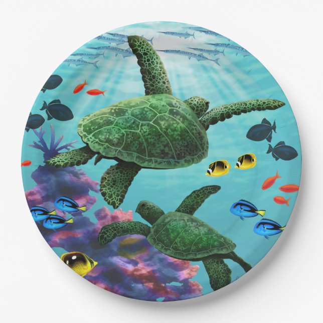 Molokini Cove Hawaiian Sea Turtles Tropical Paper Plates (Front)
