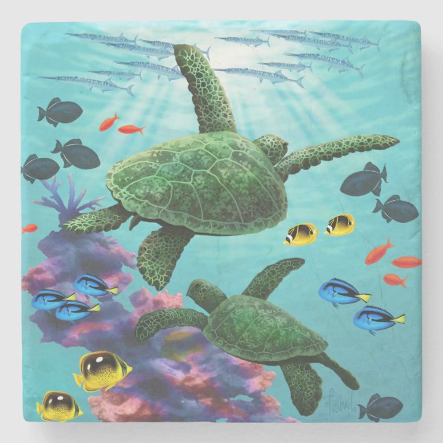 Molokini Cove Hawaiian Sea Turtles Tropical Stone Coaster (Front)
