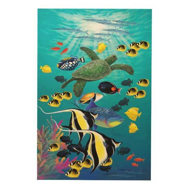 Molokini Cove Hawaiian Tropical Fish Illustration Wood Wall Decor (Front)