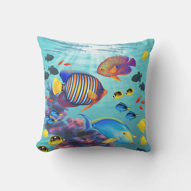 Molokini Cove Hawaiian Tropical Fish Reversible Outdoor Pillow (Front)