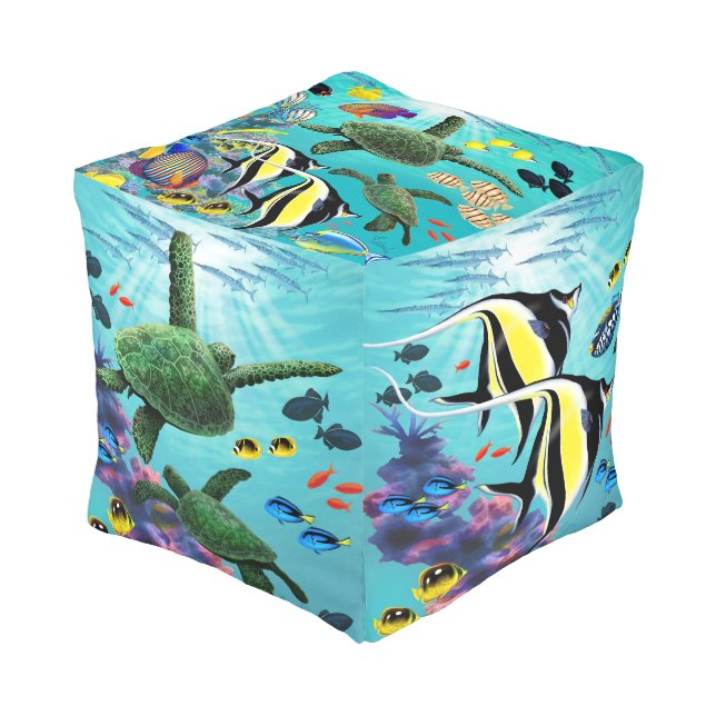 Molokini Cove Hawaiian Tropical Fish Reversible Pouf (Angled Front)