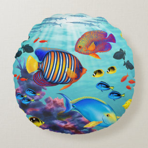 Molokini Cove Hawaiian Tropical Fish Reversible Round Pillow